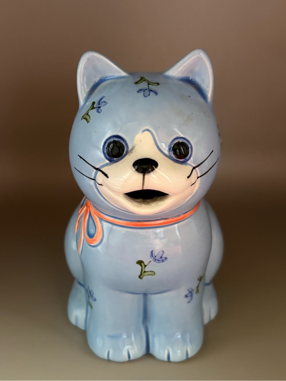 Vintage Otagiri Light Blue Ceramic Cat Creamer  Hand-Painted Flowers